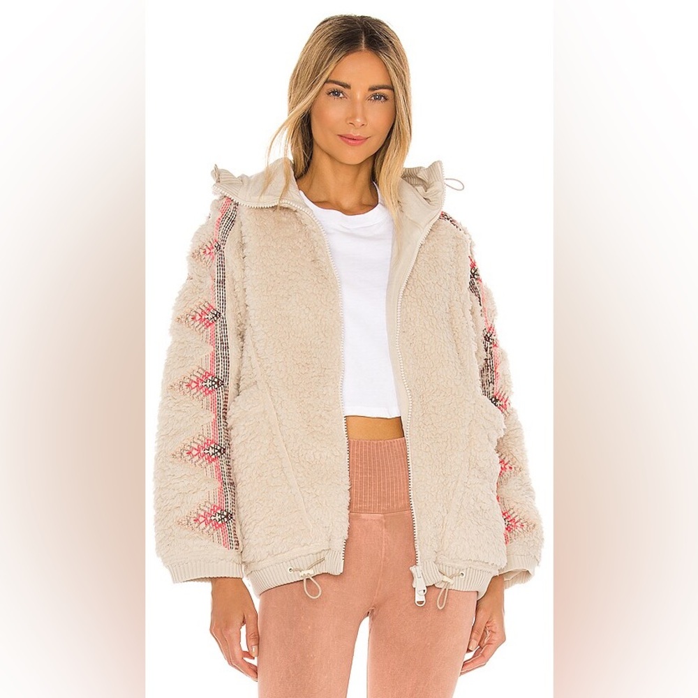 Free People Lodge Livin Sherpa Plush Fleece Soft Oversized Embroidered Jacket ML - Picture 4 of 11